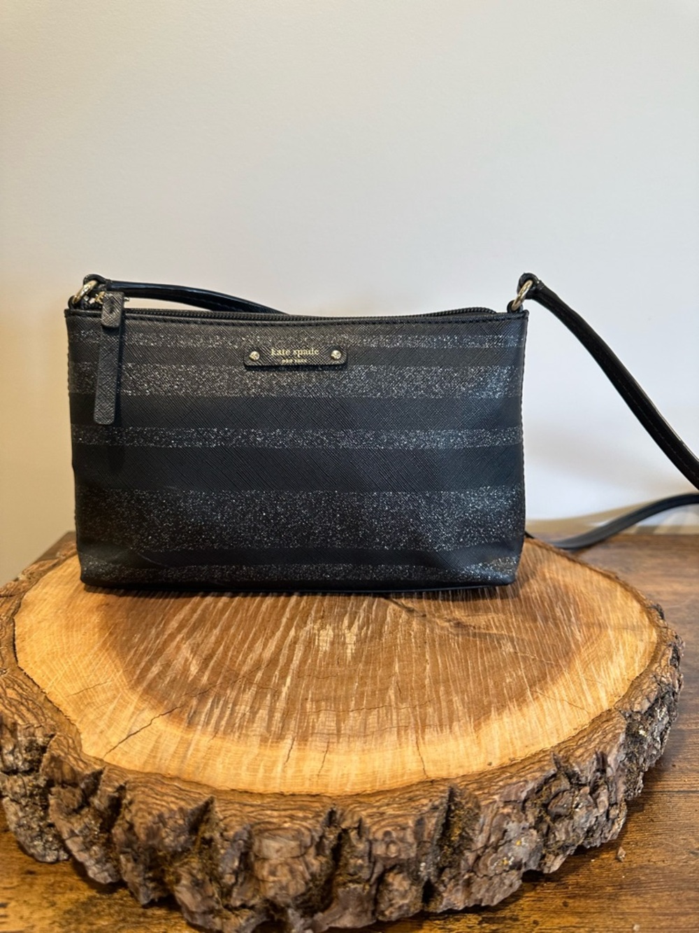 kate spade Black Glitter Stripe Crossbody Pouch